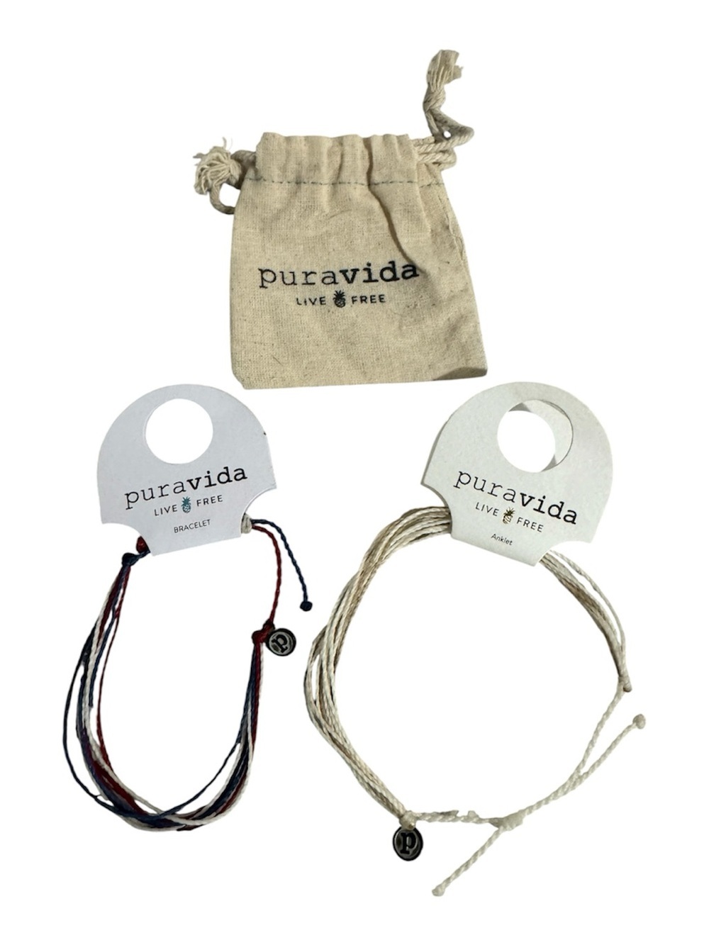 Pura Vida Braided Wax Bracelets Red/White/Blue and Ivory Canvas Bag NEW